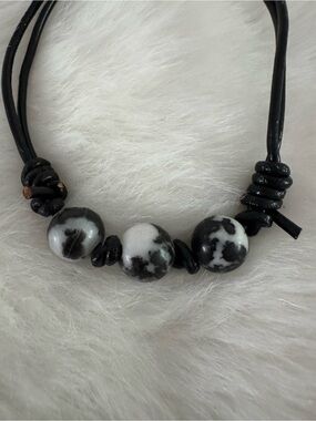 Black and White Beaded Leather Cord Bracelet-Adjustable